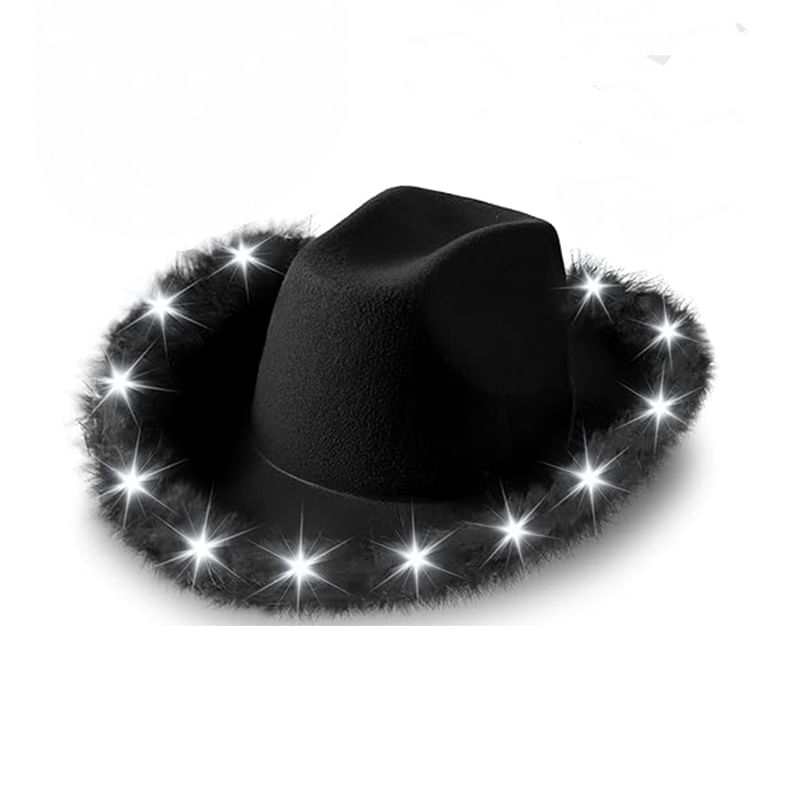 Chapéu De Cowboy Preto Com Luzes Led E Acabamento Em Penas Para Adultos