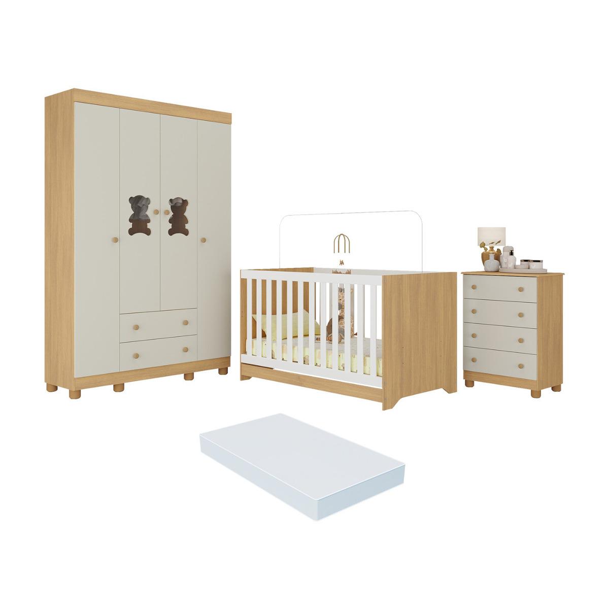 Quarto De Bebê Completo Berço Americano 3 Em 1 Colchão Fofura Multimóveis Mp4665 Madeirado/off White