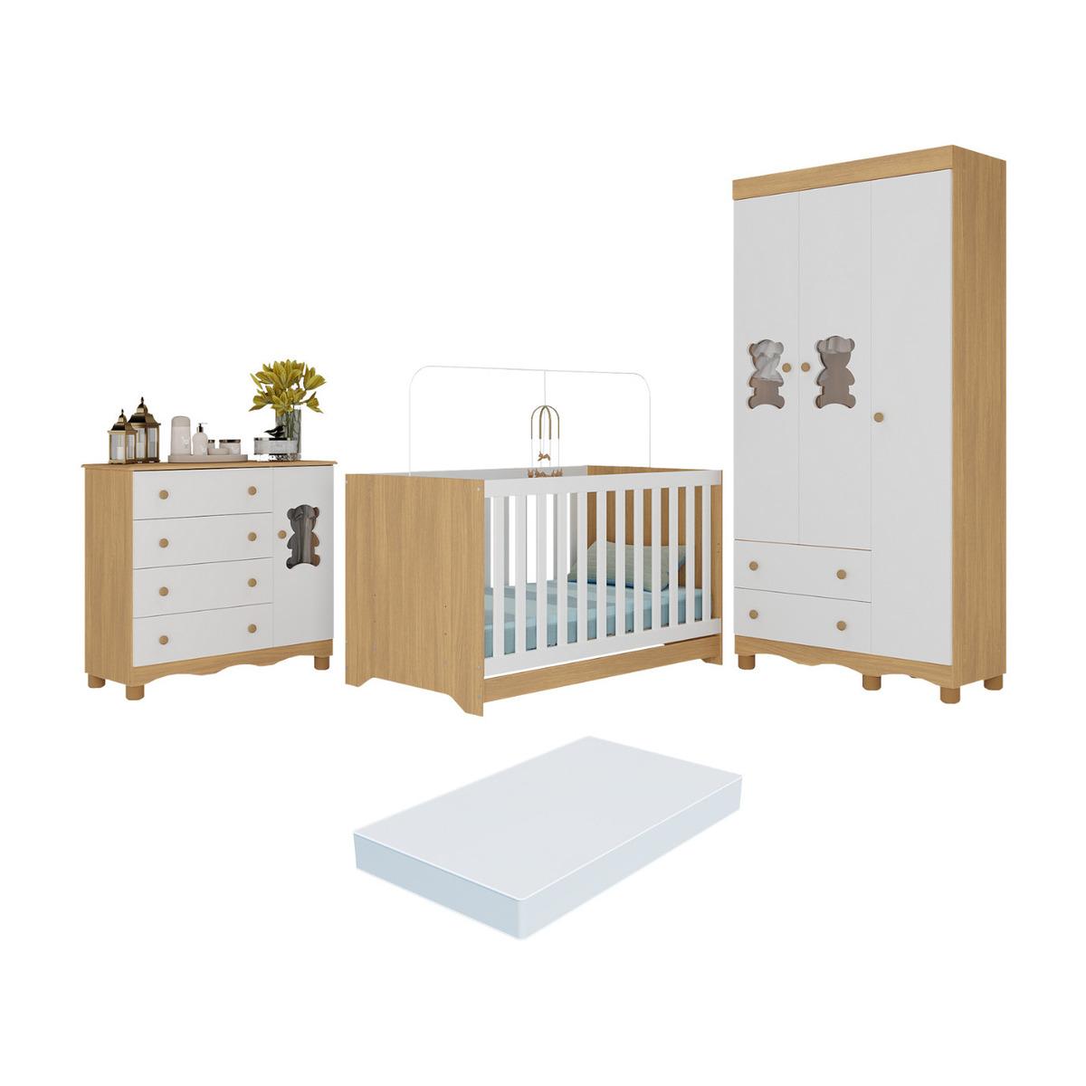 Quarto De Bebê Completo C/berço Americano 3 Em 1 Colchão Ternura Multimóveis Mp4671 Madeirado/branco