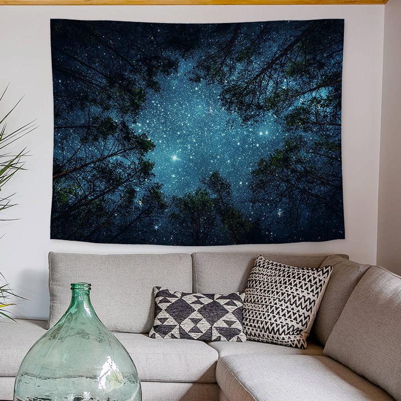 Tapeçaria Para Pendurar Na Parede Starry Sky Forest 150x130cm De Pelúcia Curta