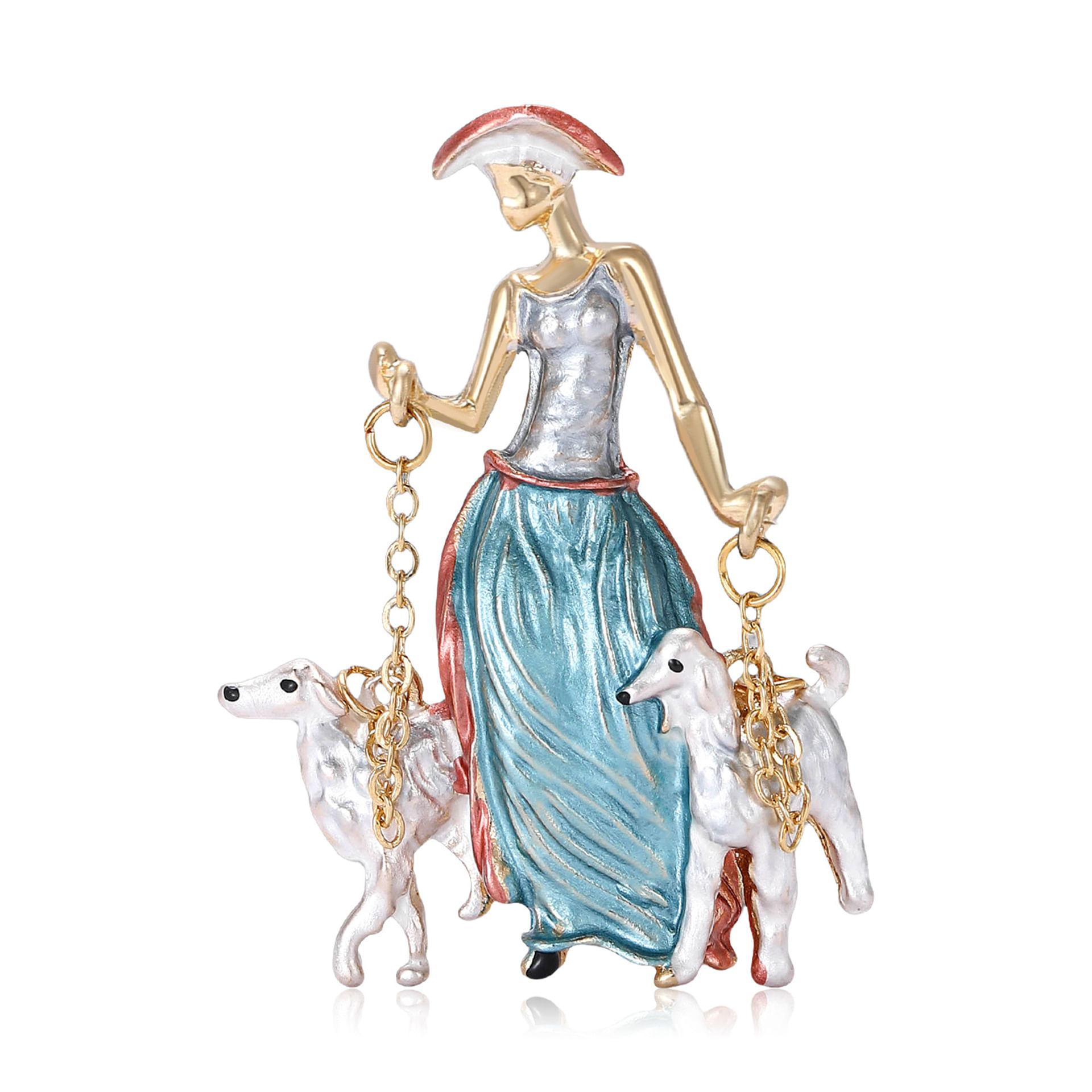Alfinetes De Broche Vintage Lady Walking Dogs Alloy Enamel