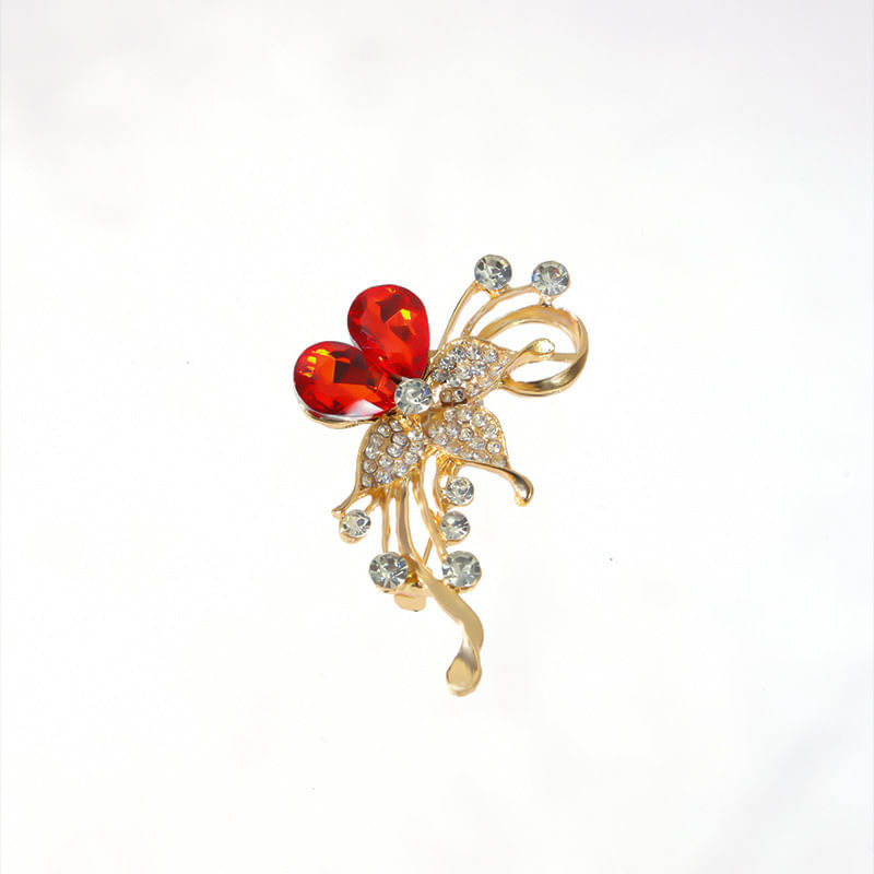 Broche Pin Rose Flower Red Crystal Petals Alloy 5.3x4cm