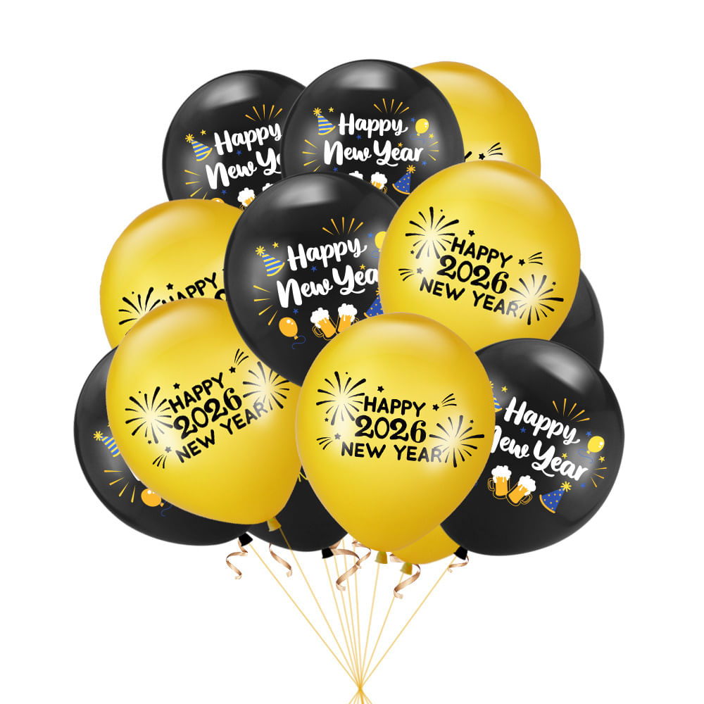 Balões Feliz Ano Novo 2026 Látex Preto E Dourado De 12 Polegadas X10