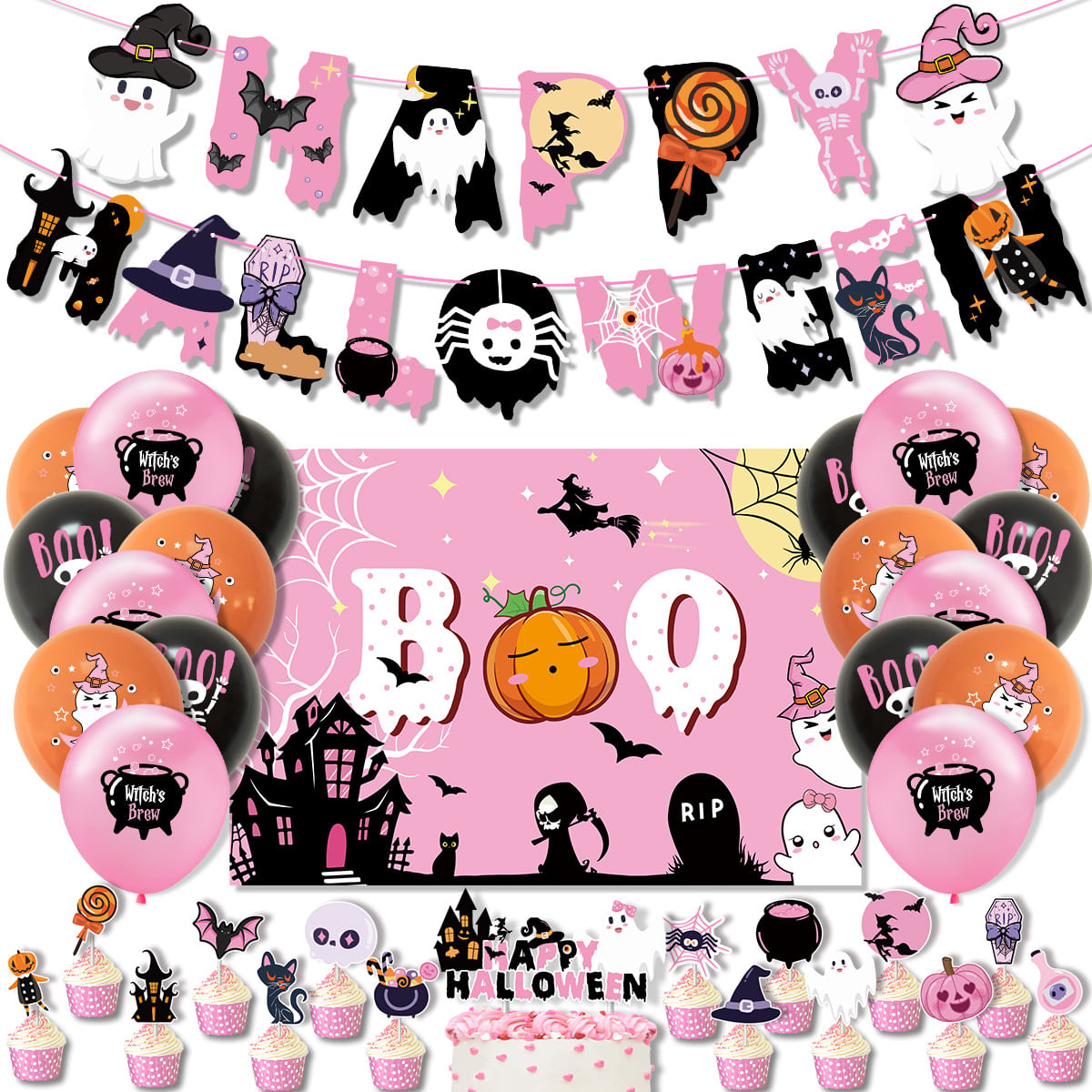 Conjunto De Decoração De Festa De Halloween, 37 Unidades De Bomba Pink Witch Ghost