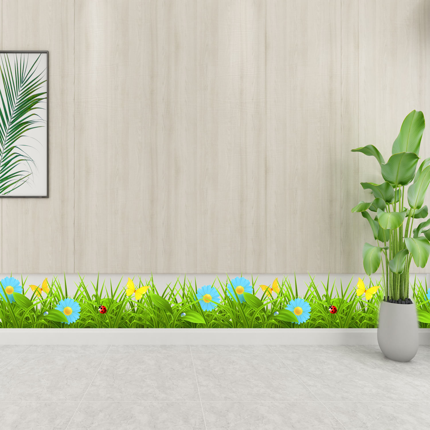 Adesivos De Parede Fresh Summer Grass Blue Yellow Flower Pvc