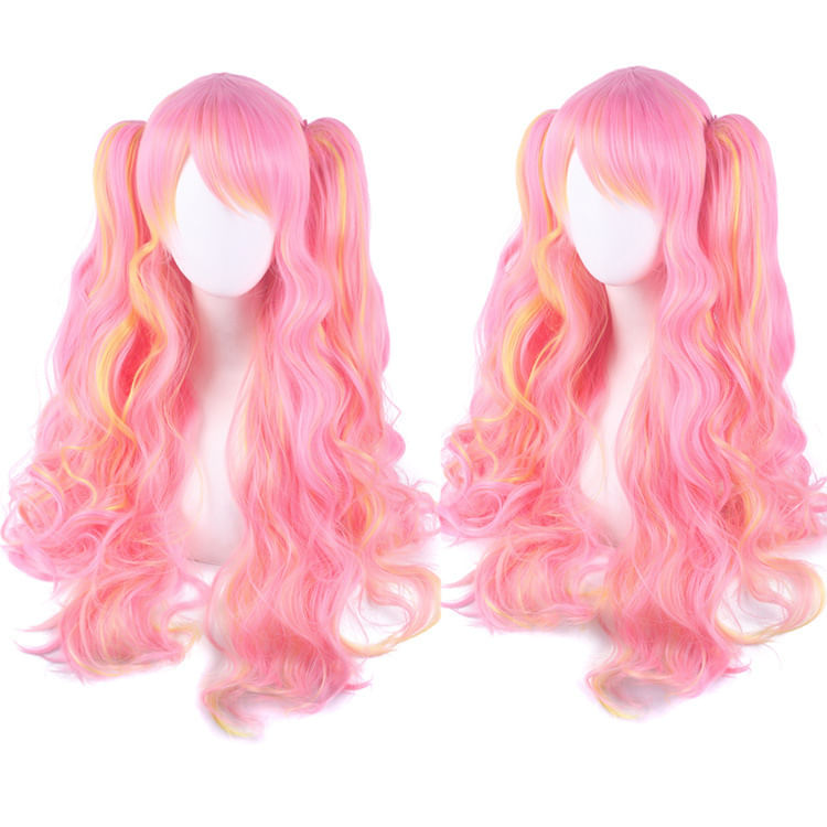 Peruca De Cosplay Lolita Longa Encaracolada Rosa E Amarela 68cm