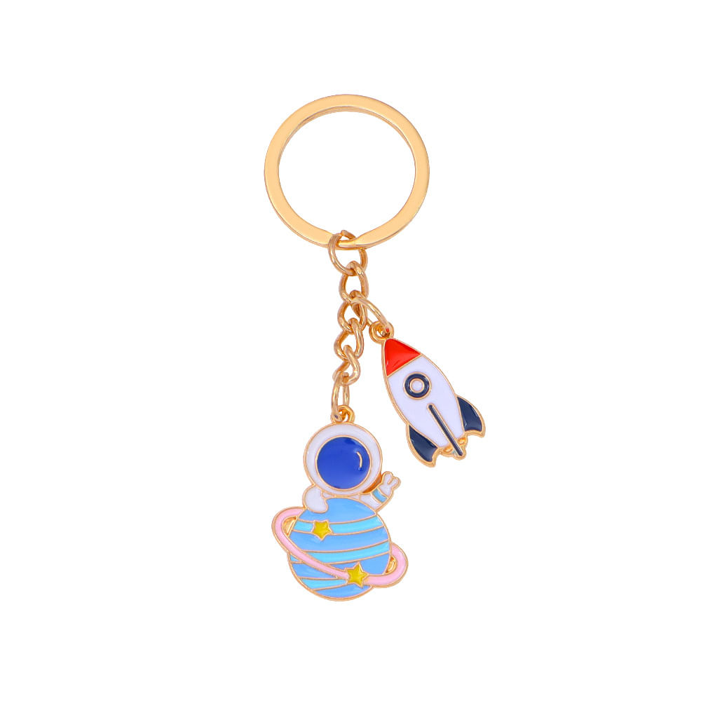 Chaveiro Cartoon Astronaut Com Rocket &amp; Planet Zinc Alloy