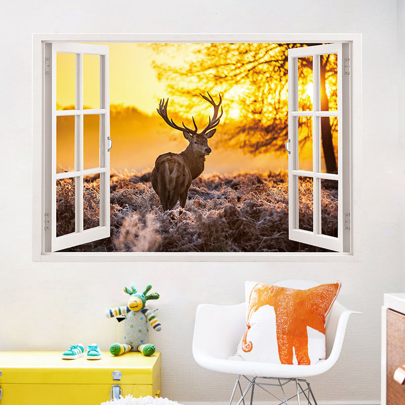 Adesivos De Parede 3d Window View Sunset Deer Scenery 60x90cm