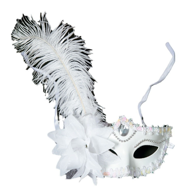 Meia Máscara Branca De Penas Com Decoração Floral E De Cristal
