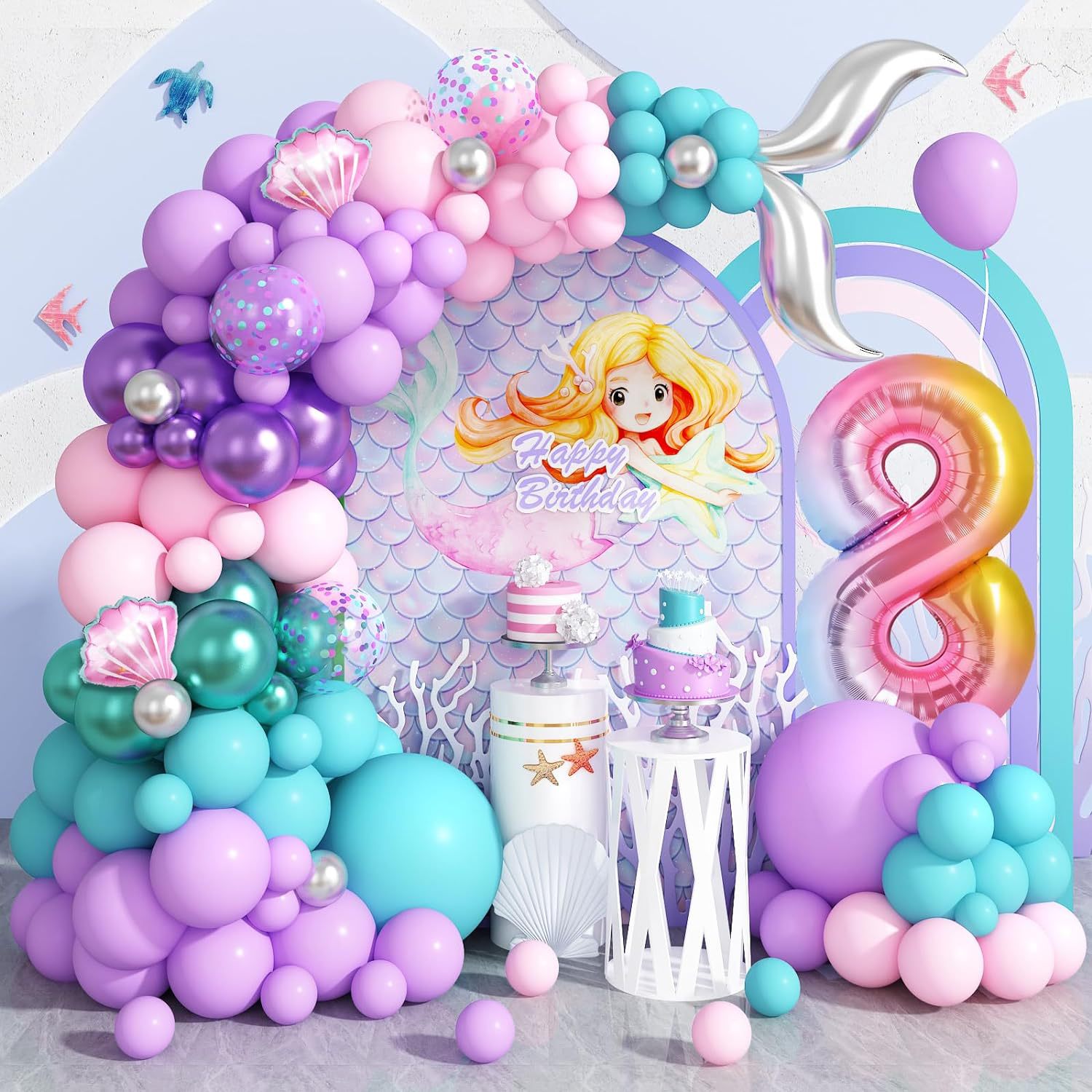 Kit Balloon Garland Theme Mermaid 85 Unidades Com Balão De Rabo De Peixe