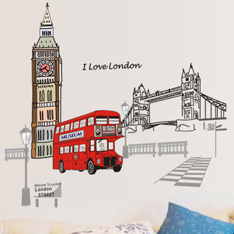 Adesivos De Parede London Scenery Big Ben Tower Bridge Red Bus