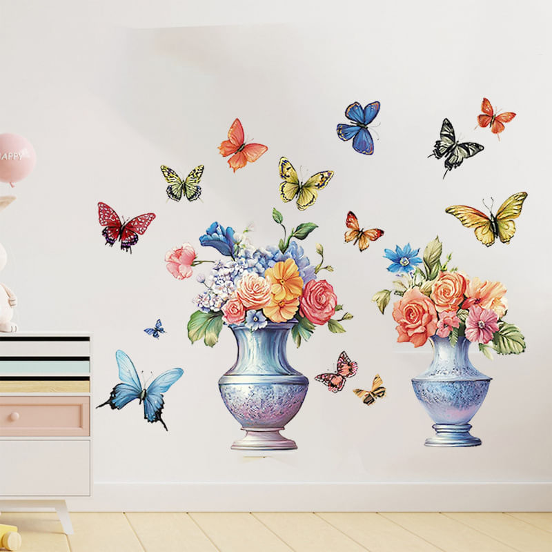 Adesivo De Parede Vaso De Flores Vintage Com Pega E Borboletas