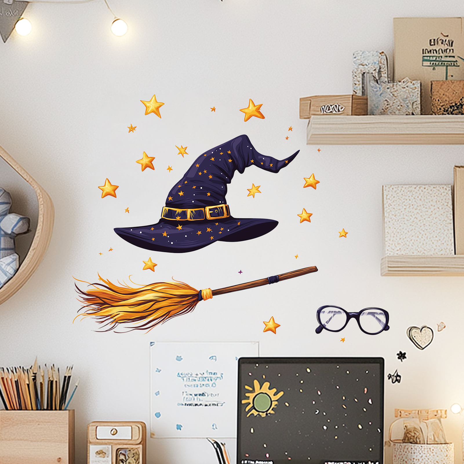 Adesivos De Parede Halloween Witch Hat Magic Broom Stars Glasses
