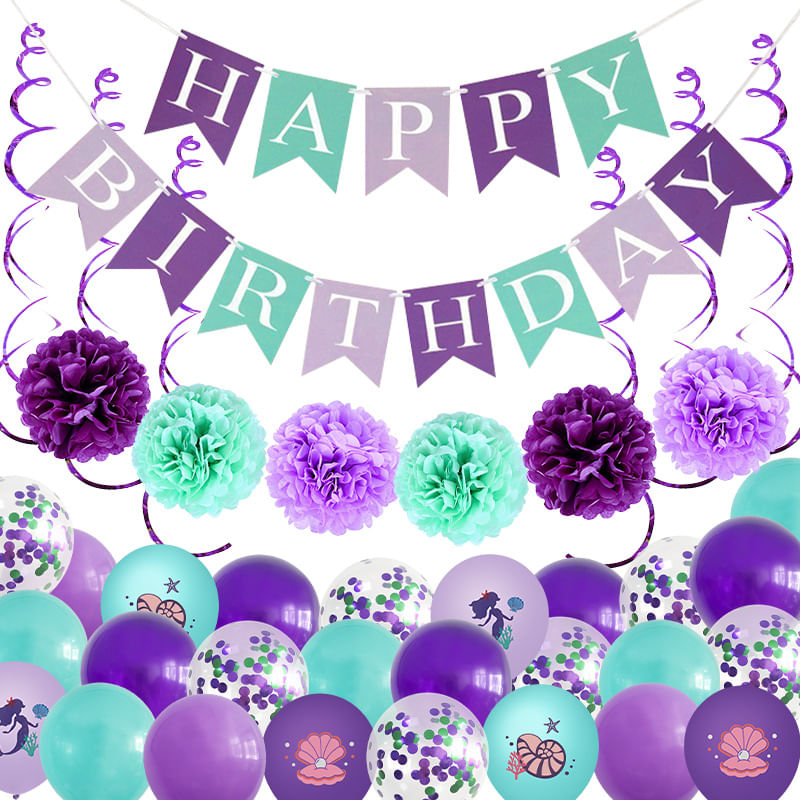 Conjunto De Decoração De Aniversário Mermaid Theme 39 Peças Purple Aqua