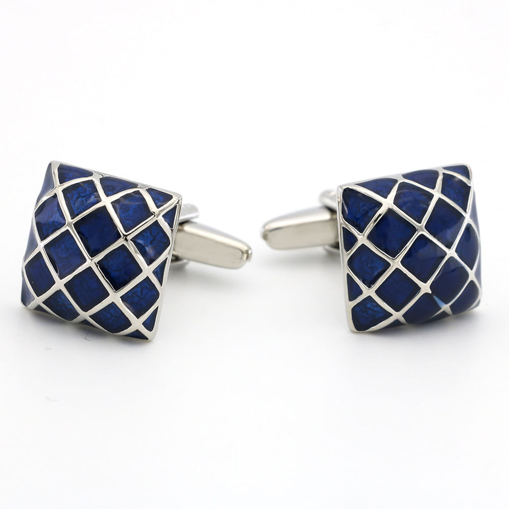 Cufflinks Classic Square Blue Esmalte Grid Para Homens