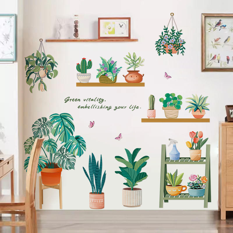Adesivos De Parede: Plantas Verdes, Desenhos Animados, Plantas Em Vasos E Prateleira