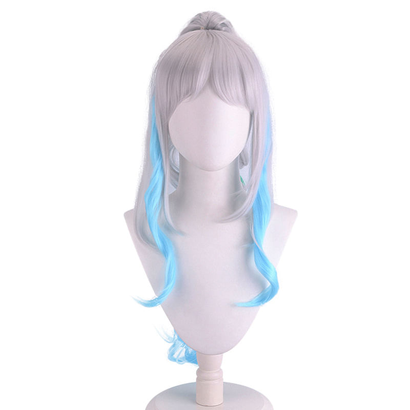 Peruca De Cosplay De Anime Cinza Prateado Com Destaques Em Gradiente Azul