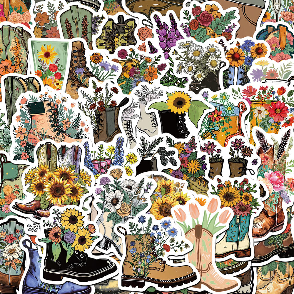 Adesivos Florais, 50 Peças, Retrô Cowgirl E Combat Boot Vi