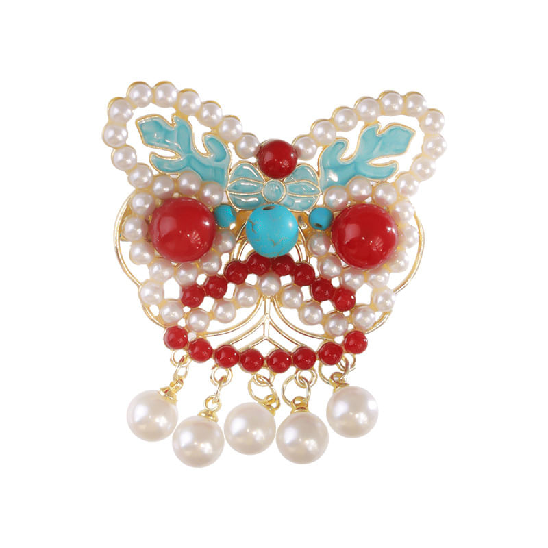 Broche De Dança De Leão Em Estilo Chinês Com Pérolas E Miçangas Vermelhas