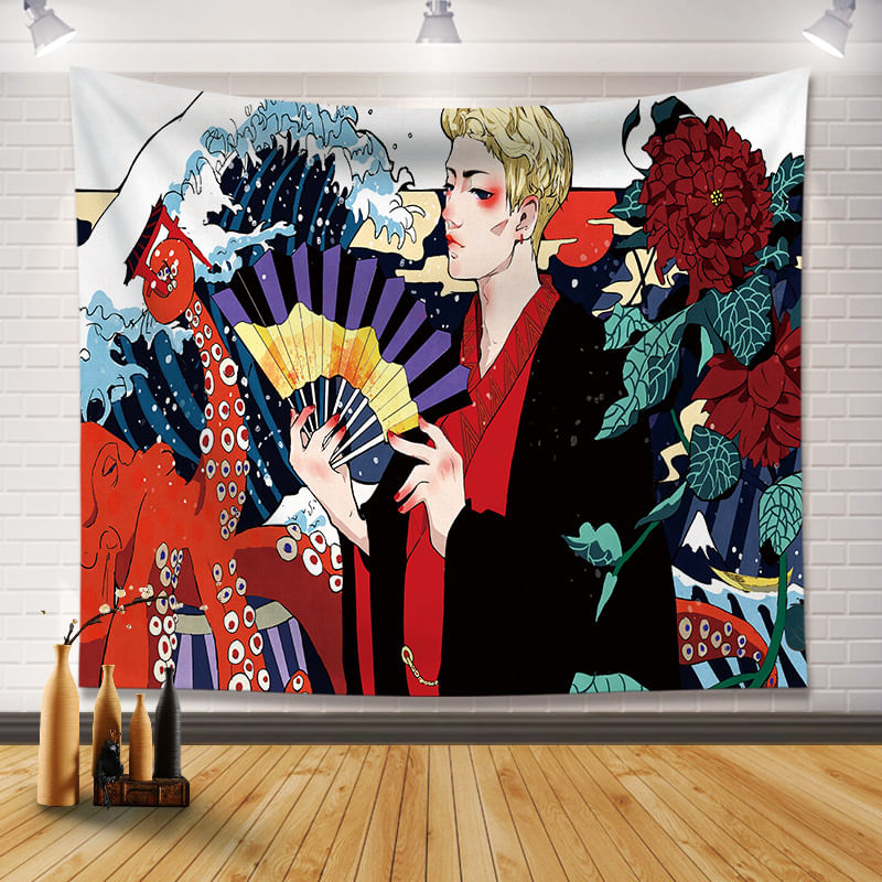 Tapeçaria Para Pendurar Na Parede Japonesa Estilo Ukiyo-e Anime 130x150cm
