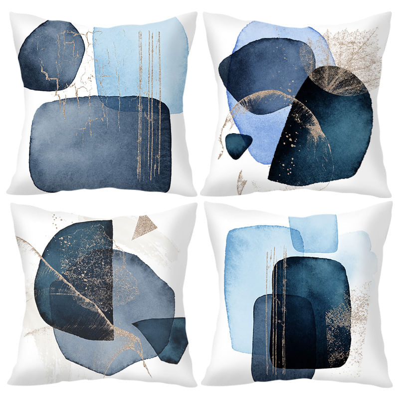 Capa De Travesseiro Abstrata Azul E Dourada, Geométrica, 45x45cm, Pelúcia