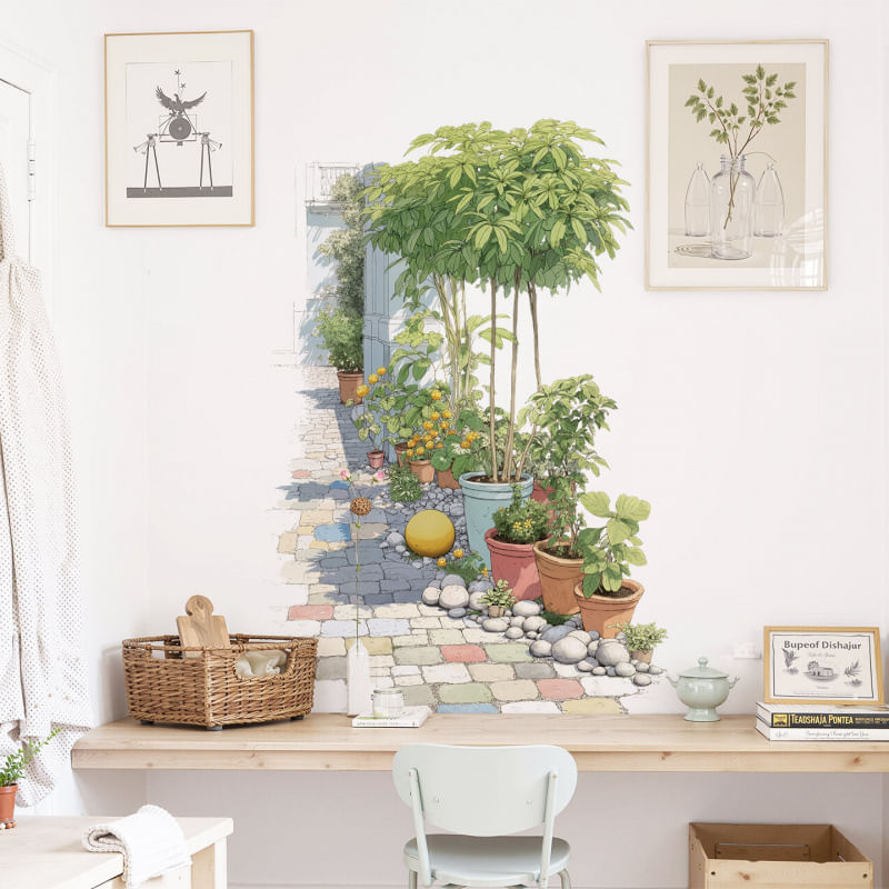 Adesivo De Parede Countryside Green Plant Com Árvores Em Vasos 56x91cm