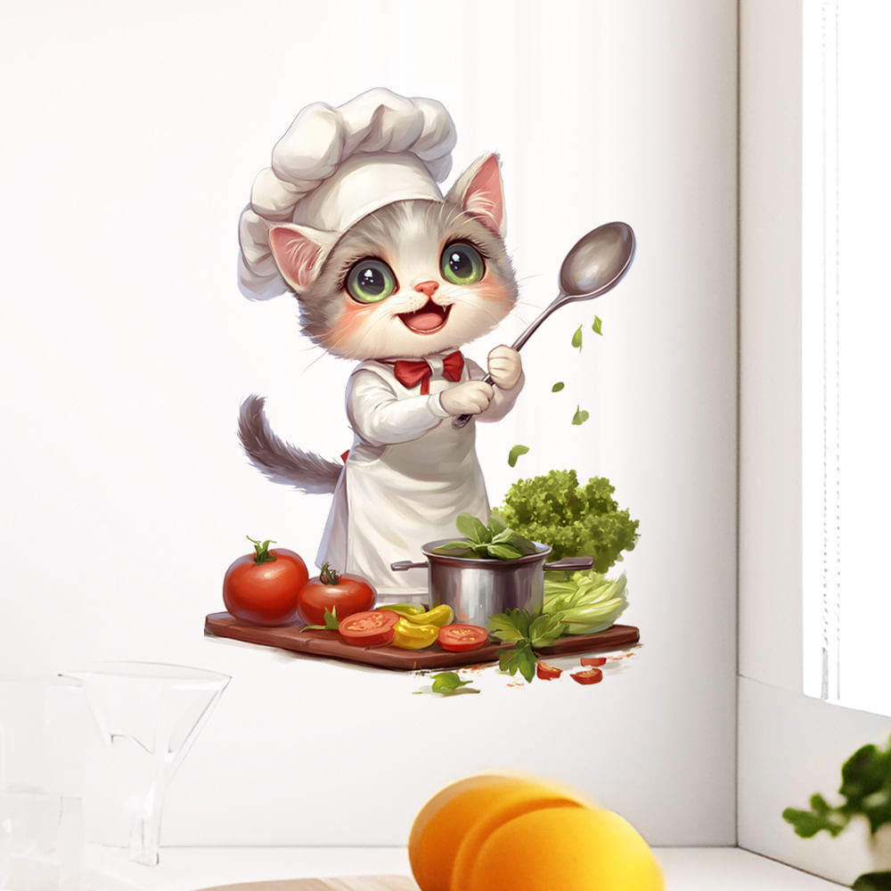 Adesivos De Parede Cute Cartoon Cat Chef Adorable Kitty Cooking - Carrefour