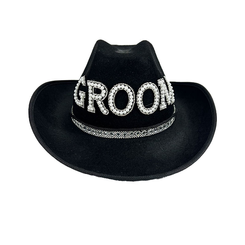 Chapéu De Cowboy Groom Preto Com Letras De Strass Para Adultos