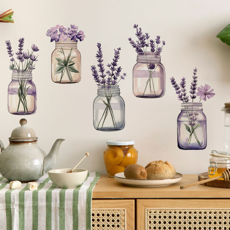 Adesivos De Parede Vaso De Vidro Roxo De Lavanda Autoadesivo Em Pvc