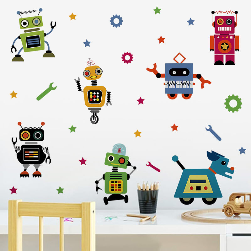 Adesivos De Parede Cartoon Robot Kids Room Wallpaper 6 Folhas