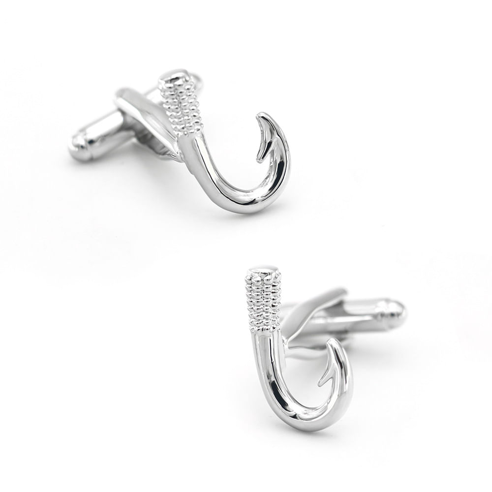 Cufflinks Silver Fish Hook Para Homens, Design Náutico