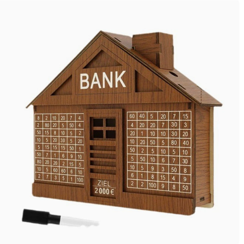 Coin Bank, Cofrinho Doméstico De Madeira Em Forma De Casa Com Trilha De Gol