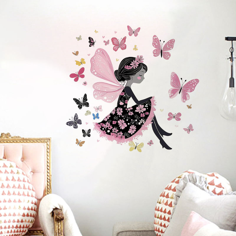 Adesivos De Parede Pink Fairy And Butterfly Girl 30x90cm Pvc