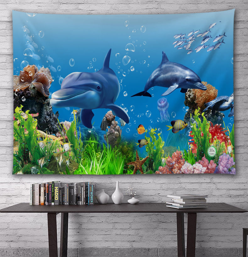 Tapeçaria Para Pendurar Na Parede 3d Ocean Dolphin 150cm X 130cm Poliéster