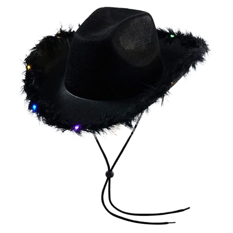 Chapéu De Caubói Preto Com Luzes Led E Acabamento Em Penas Em Pvc