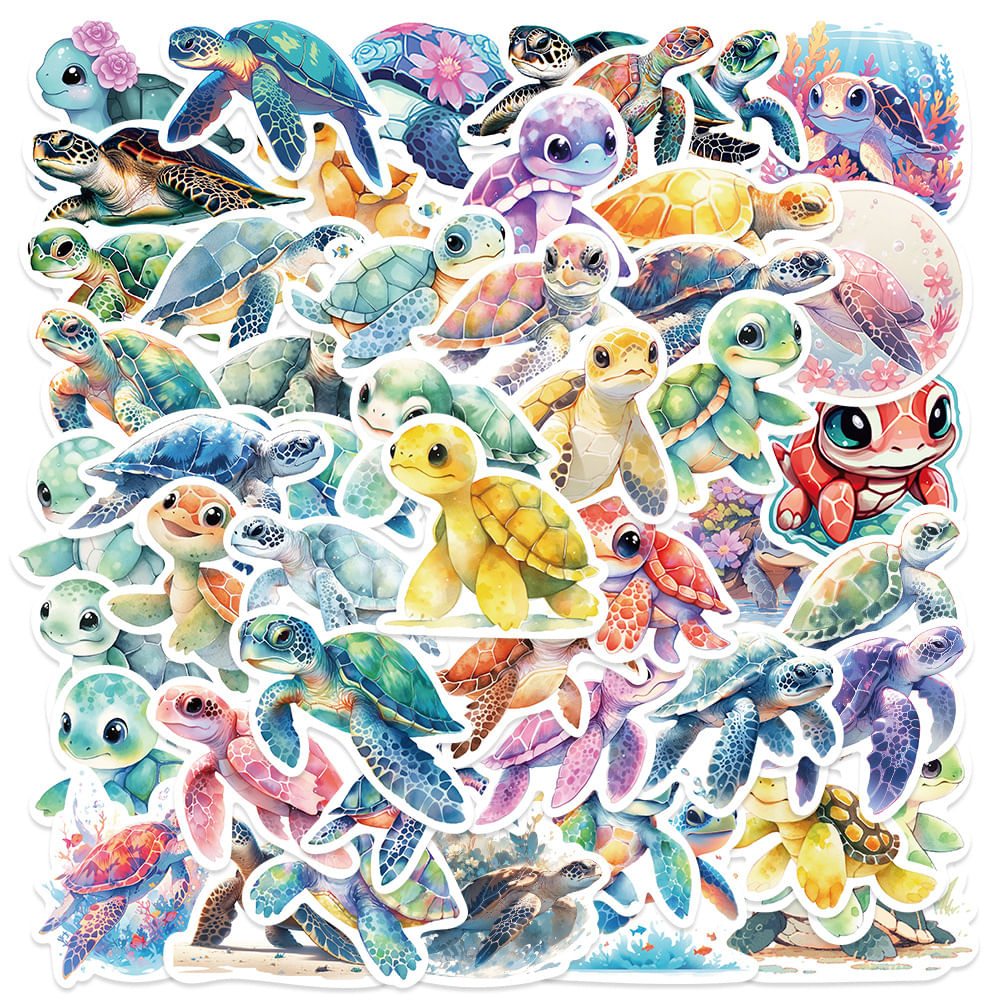 Pacote De Adesivos Sea Turtle, 50 Unidades, Desenho Animado Colorido, Ocean Viny