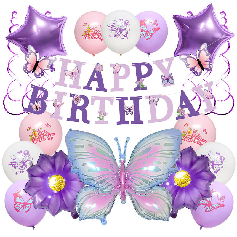 Conjunto De Balões De Festa De Aniversário Com Tema De Borboleta Roxo, 14 Unidades