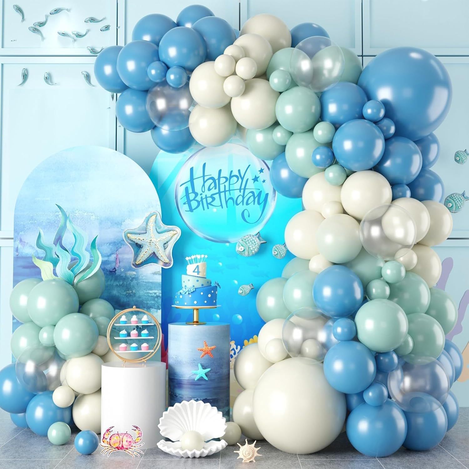 Kit Balloon Garland Arch Theme Ocean Theme 92 Unidades Em Azul E Aqua