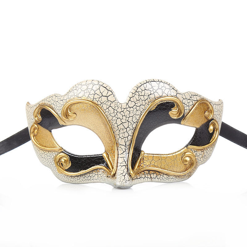 Máscara Masquerade Vintage Cracked Effect Em Pvc Preto E Dourado