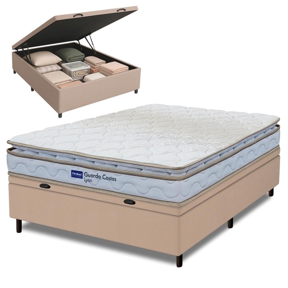 Cama Box Baú Casal Probel Espuma D33 Pillow Top 138x188x59cm Guarda Costas Lyon Branco/bege