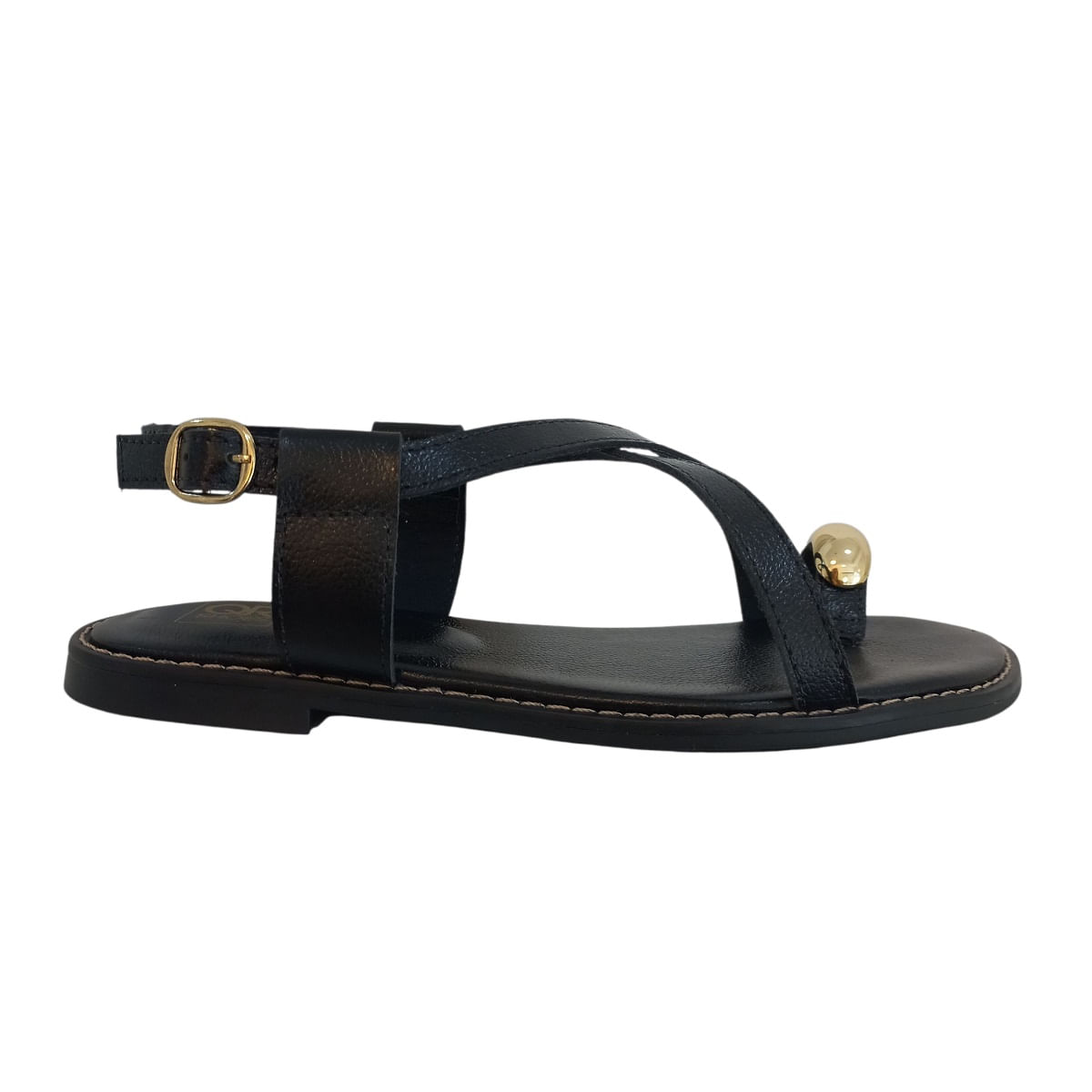 Sandália Rasteira Em Couro Preta Tiras De Dedo Dourado Boho