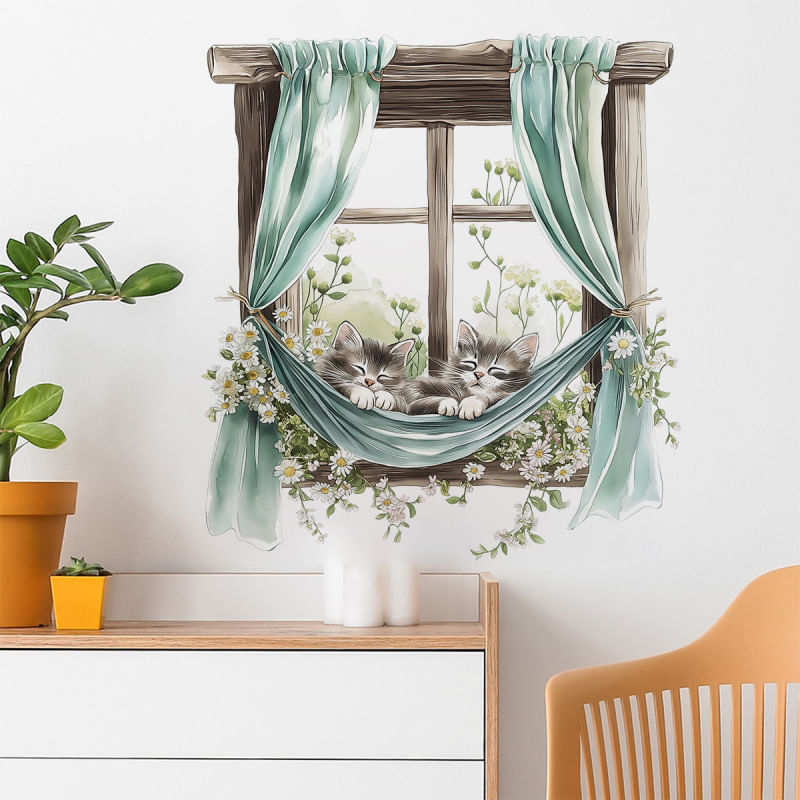 Adesivo De Parede Cartoon Cats Sleeping On Hammock Window View