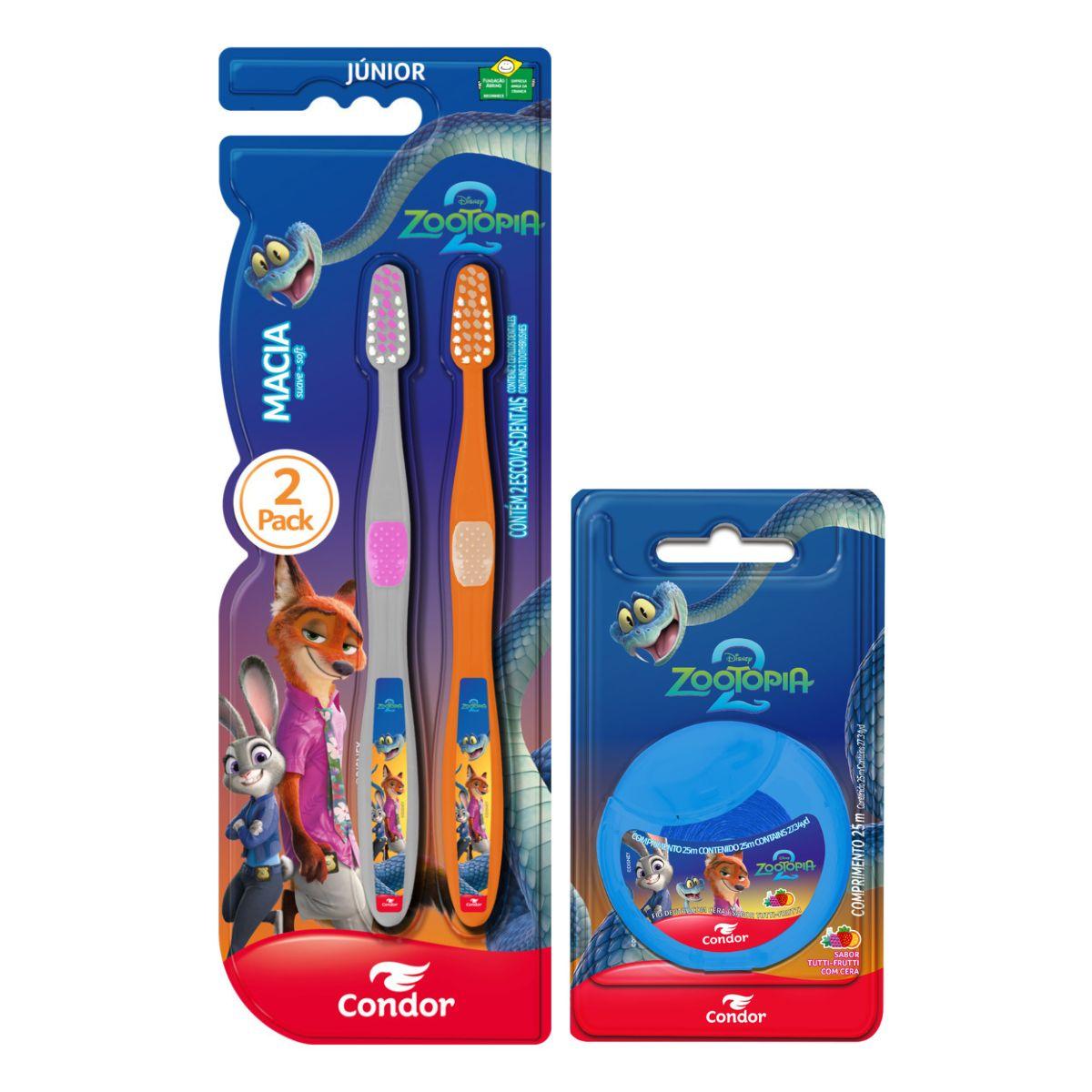 Kit Escova Dental Infantil Macia 2 Unidades + Fio Dental Com Cera Tutti-frutti 25m Zootopia 2 Condor
