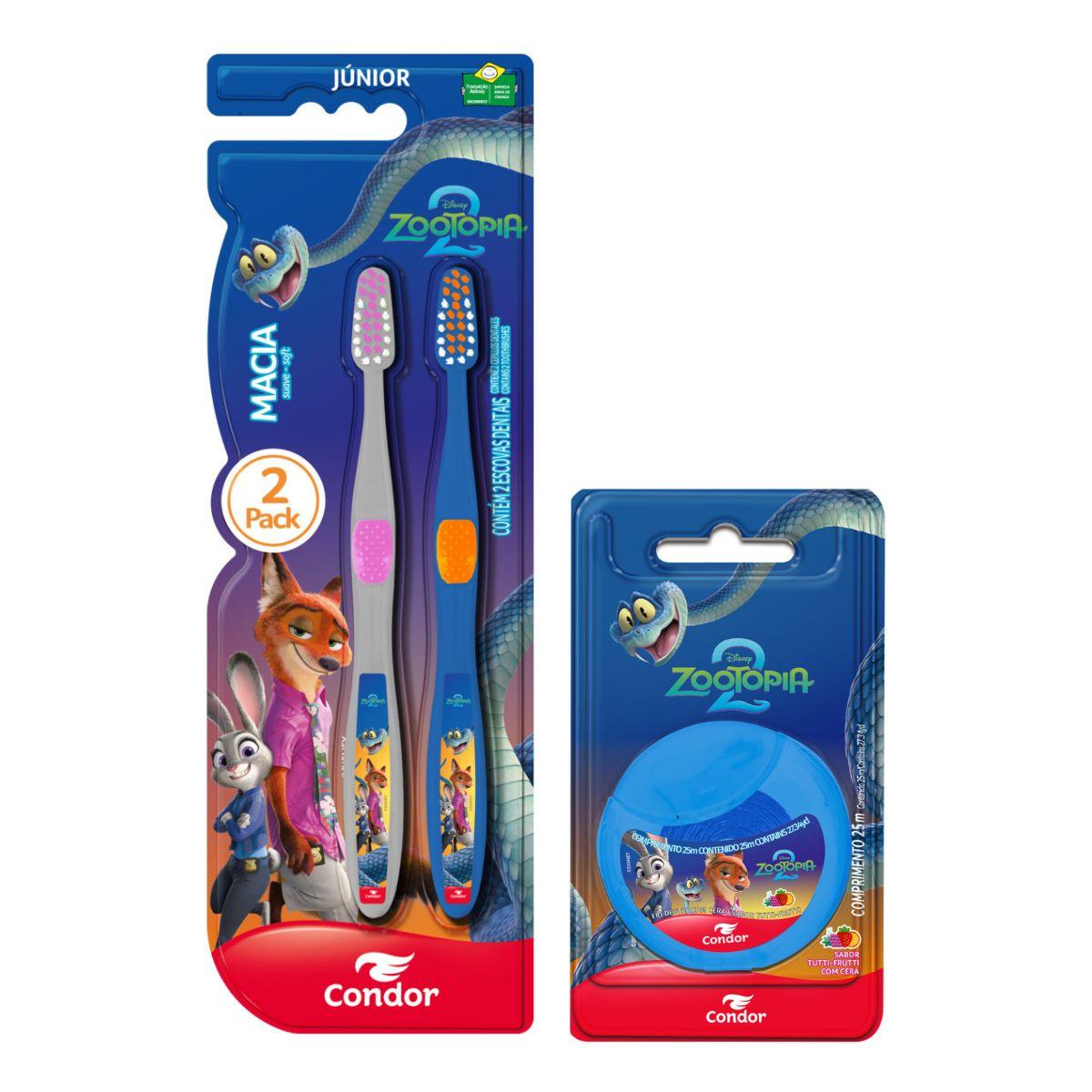 Kit Escova Dental Infantil Macia 2 Unidades + Fio Dental Com Cera Tutti-frutti 25m Zootopia 2 Condor