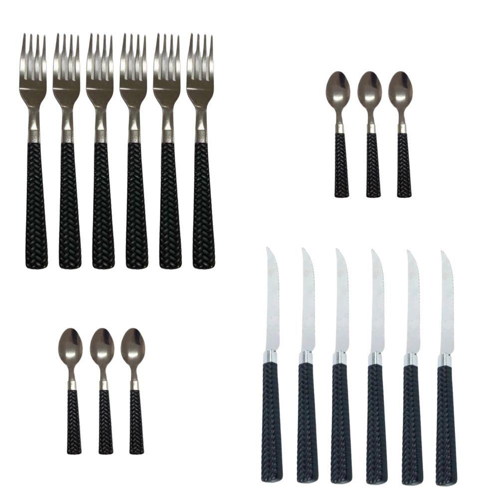 Conjunto 18 Peças Mesa Posta Talheres Faqueiro Faca Garfo Colher De Sobremesa Cabo Preto Elegante Jantar Almoço