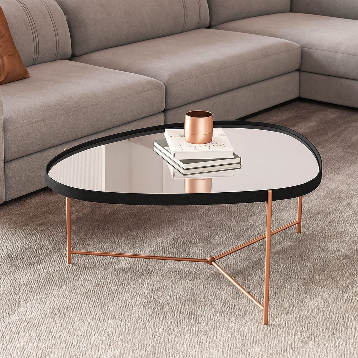 Mesa De Centro Com Borda Em Couro Sintético Espelho E Pés Em Ferro Alamanda Preto/bronze