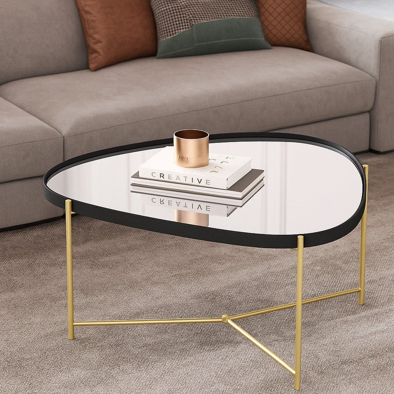 Mesa De Centro Com Borda Em Couro Sintético Espelho E Pés Em Ferro Alamanda Preto/dourado