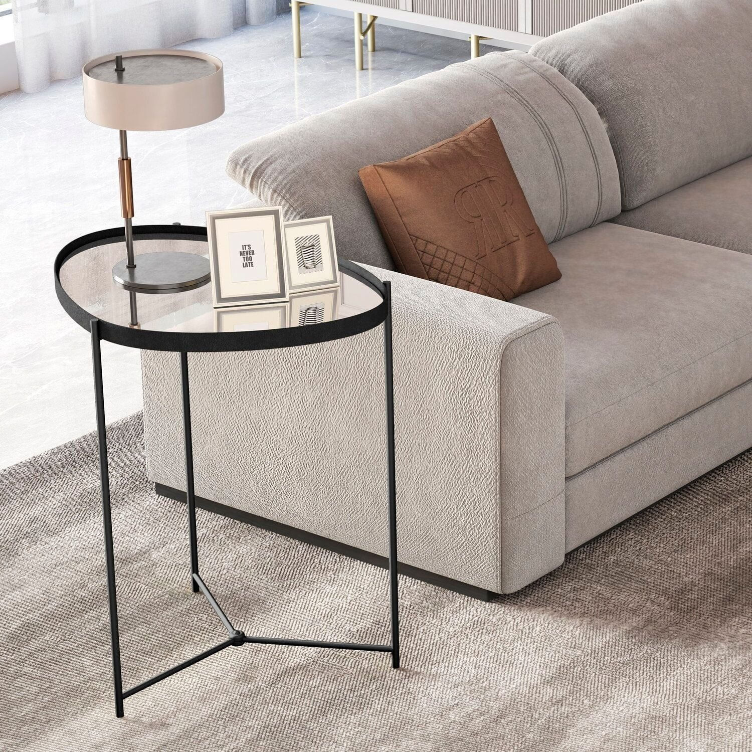 Mesa Lateral Com Borda Em Couro Sintético Com Espelho E Pés Em Ferro Preto