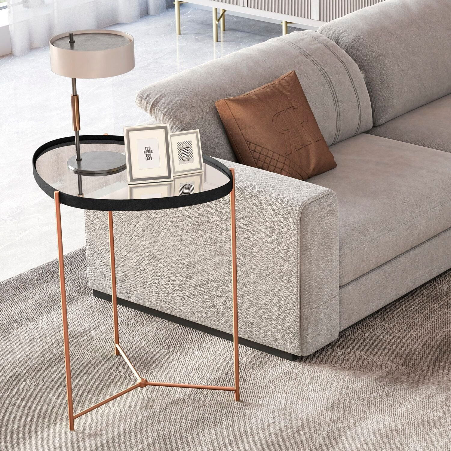 Mesa Lateral Com Borda Em Couro Sintético Com Espelho E Pés Em Ferro Preto/bronze