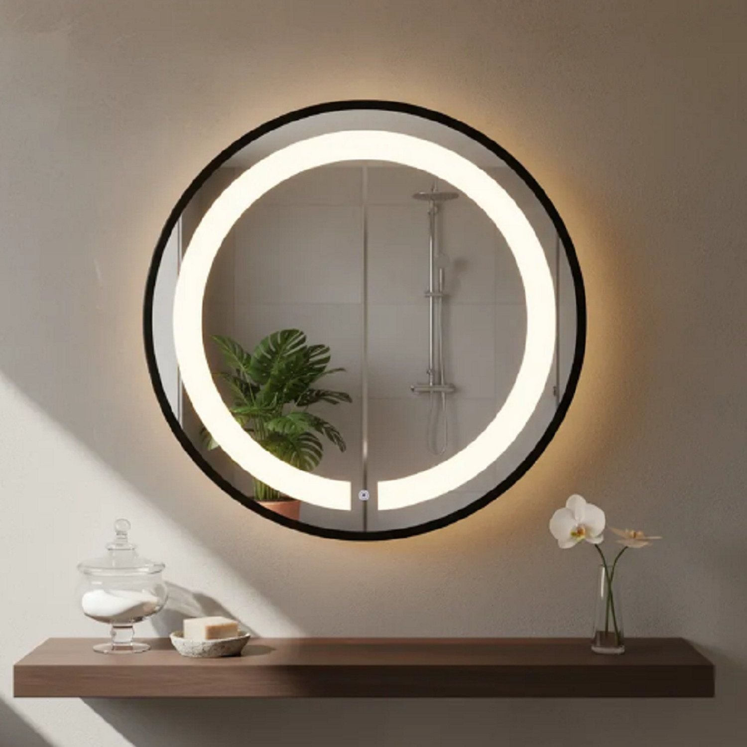 Espelho Redondo Iluminado 60cm Touch 2 Leds Basic Reduna Preto